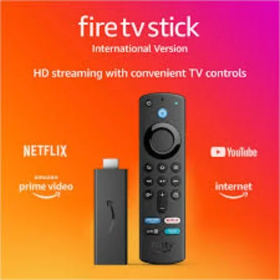 An advertisement for "fire tv stick" featuring the device and its remote control on an orange and purple gradient background, with text promoting endless entertainment.