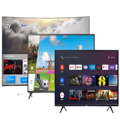 Three modern smart televisions, arranged in a staggered, overlapping stack from back to front, each displaying a different digital interface, including a live TV screen, a colorful background, and a smart TV home screen with app icons.