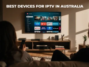 Upside-down image showing a TV screen with streaming apps like Netflix, Stan, and Prime Video — representing best devices for IPTV in Australia.