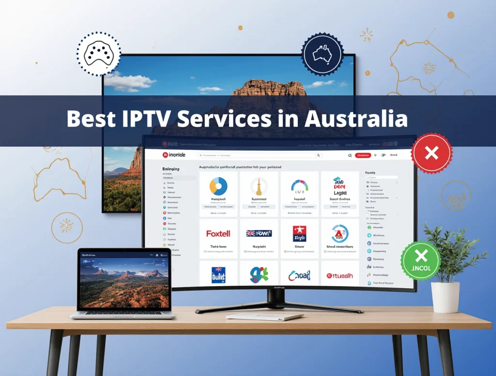 Modern home office with a monitor displaying Best IPTV Services in Australia, iptvaussie.com watermark, and legal streaming badge, showcasing a comparison of top providers.