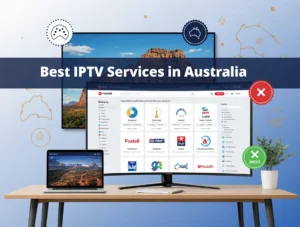 Modern home office with a monitor displaying Best IPTV Services in Australia, iptvaussie.com watermark, and legal streaming badge, showcasing a comparison of top providers.