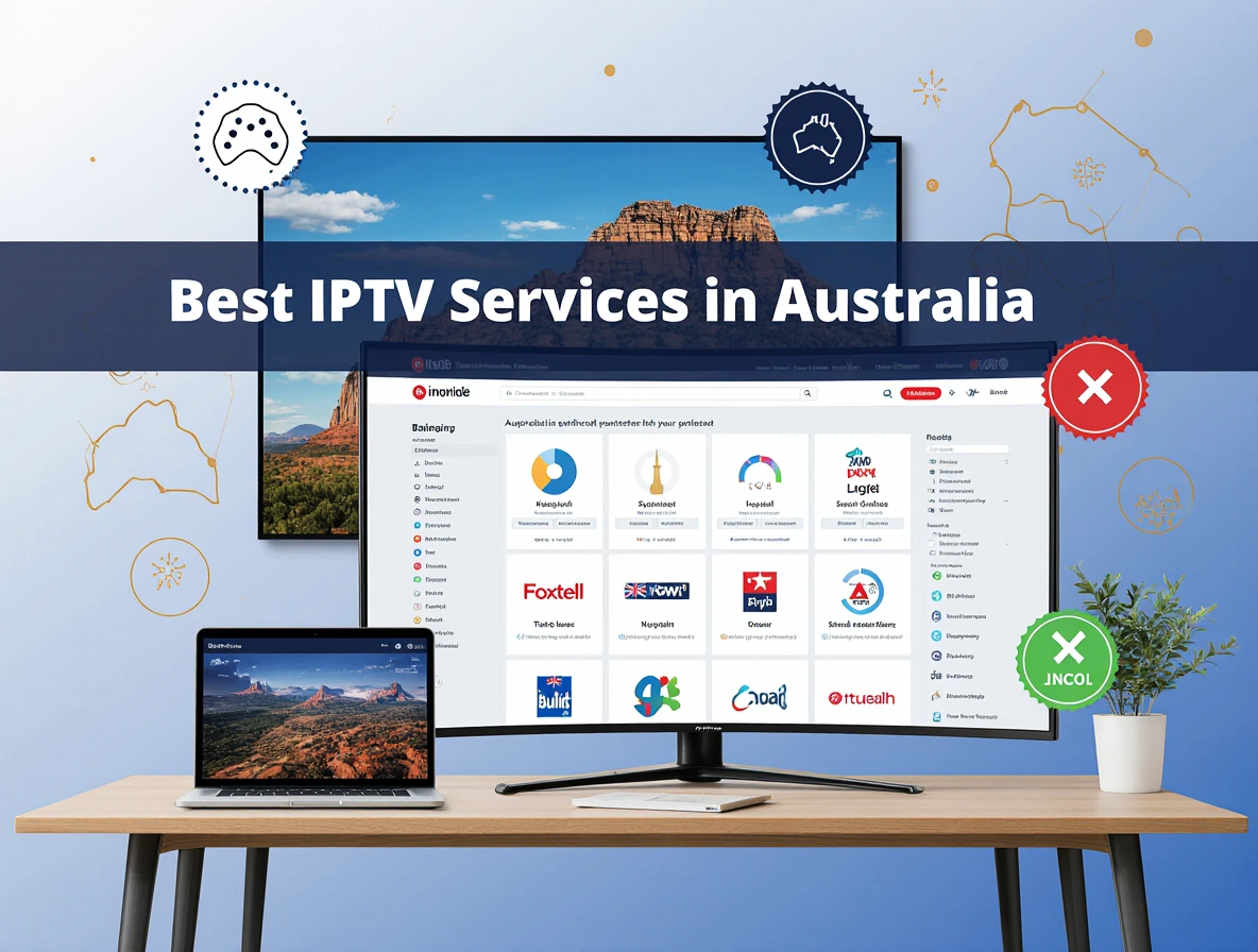 Modern home office with a monitor displaying Best IPTV Services in Australia, iptvaussie.com watermark, and legal streaming badge, showcasing a comparison of top providers.