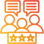 Icon of happy customers with speech bubbles and five-star rating.