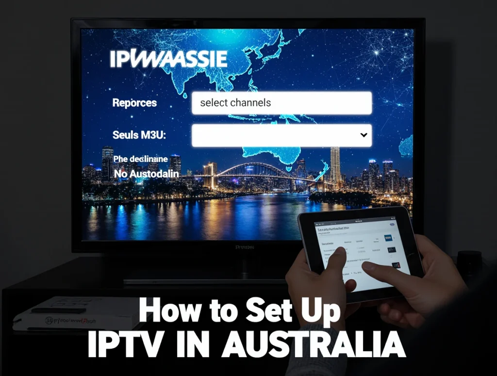 A cinematic Australian living room with a 4K smart TV showing an IPTV setup interface with M3U URL prompts. A person configures a tablet with the iptvaussie.com logo. Bold text reads How to Set Up IPTV in Australia, with “Easy Setup with IPTV Aussie” below. Brisbane’s skyline and digital network lines glow in blue and gold tones.