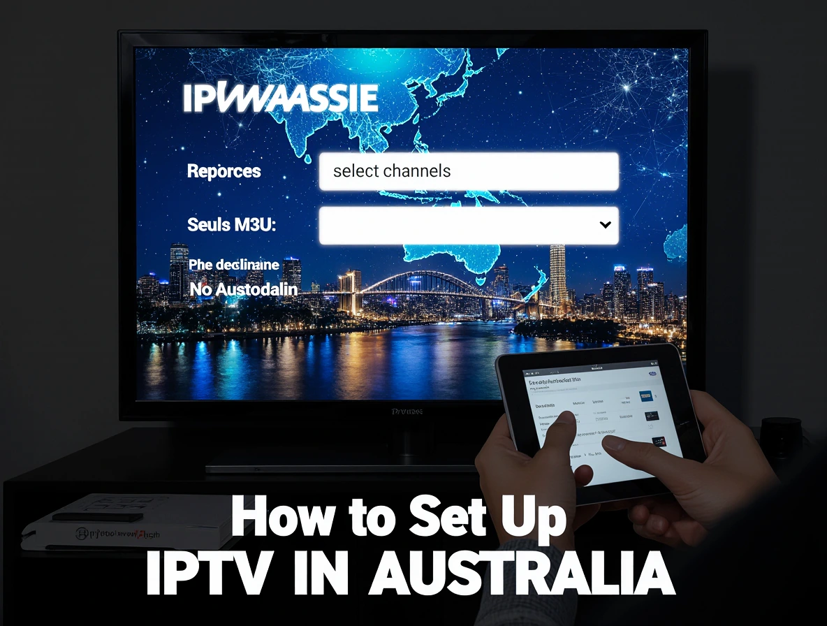 A cinematic Australian living room with a 4K smart TV showing an IPTV setup interface with M3U URL prompts. A person configures a tablet with the iptvaussie.com logo. Bold text reads How to Set Up IPTV in Australia, with “Easy Setup with IPTV Aussie” below. Brisbane’s skyline and digital network lines glow in blue and gold tones.