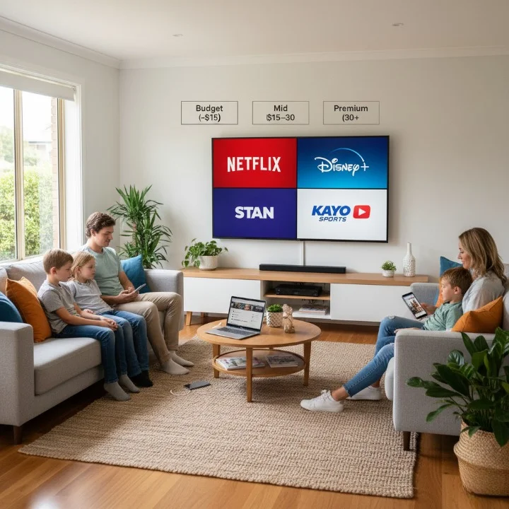 "Family in Australian living room using smart TV, laptop, and mobile devices to stream IPTV services across budget, mid-range, and premium tiers."