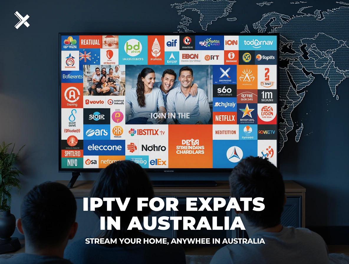 A vibrant cinematic graphic featuring a modern living room with a large smart TV displaying a mosaic of international channel logos, including BBC, ESPN, and Star Plus. A diverse group of expats sits on a stylish couch, smiling at the screen. Bold white text with a glow effect in the center reads IPTV for Expats in Australia, with smaller text below stating, "Stream Your Home, Anywhere in Australia." A streaming device rests on the TV stand, and a subtle map of Australia with digital network lines forms the background. The scene is warmly lit with a mix of blues, oranges, and grays, evoking technology and comfort.