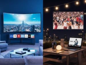 A cinematic digital artwork for IPTV vs Cable & Streaming in Australia, featuring a widescreen composition divided into three sections: a futuristic living room with a smart TV showing an IPTV interface, a cozy suburban room with a cable TV displaying a live sports match, and a vibrant rooftop with floating devices streaming content. The bold text IPTV vs Cable & Streaming in Australia is prominently displayed in glowing white on a smoky black banner across the center, set against a twilight Australian cityscape with a subtle map silhouette.