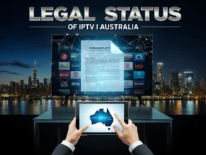 A cinematic Australian home office with a smart TV showing licensed IPTV channels (ABC, SBS, Netflix). A person examines a holographic Copyright Act document. Bold text reads Legal Status of IPTV in Australia, with “Stream Legally with IPTV Aussie” below, linking to iptvaussie.com. Melbourne’s skyline and digital network lines form the background, lit by moody blues and golds with lens flares.