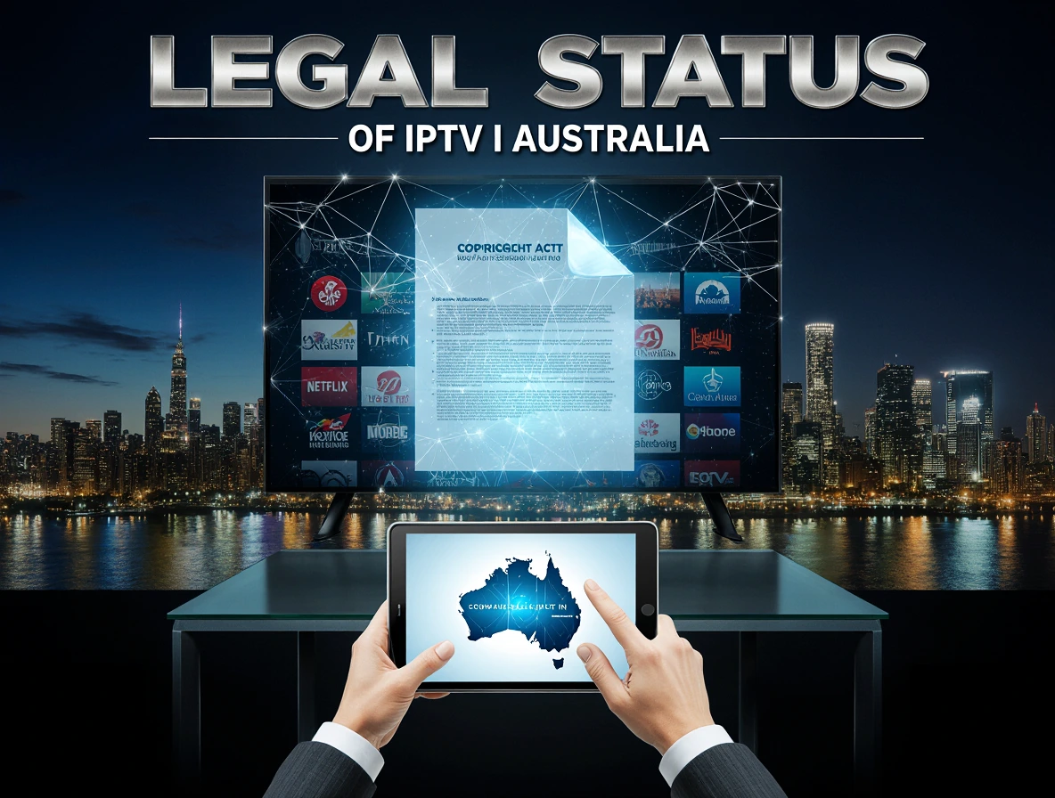 A cinematic Australian home office with a smart TV showing licensed IPTV channels (ABC, SBS, Netflix). A person examines a holographic Copyright Act document. Bold text reads Legal Status of IPTV in Australia, with “Stream Legally with IPTV Aussie” below, linking to iptvaussie.com. Melbourne’s skyline and digital network lines form the background, lit by moody blues and golds with lens flares.