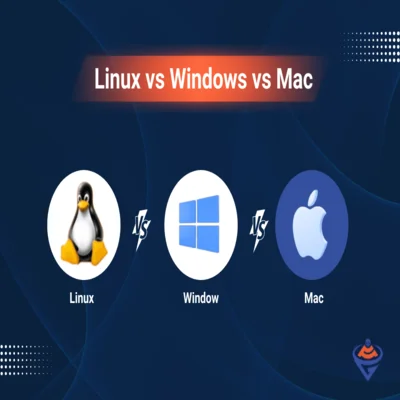A graphic comparing three operating systems: Linux, represented by its Tux penguin logo; Windows, represented by its four-pane window logo; and Mac, represented by the Apple logo. Lightning bolts connect the icons, indicating a "versus" comparison.