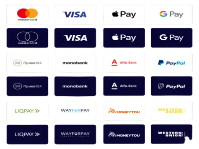 > Logos of various payment methods including Visa, MasterCard, Apple Pay, Google Pay, PayPal, American Express, monobank, WayForPay, and LiqPay.