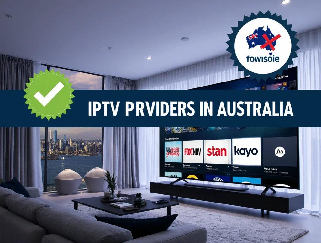 Modern smart TV displaying top 10 IPTV providers for Australia, with bold text "Top 10 IPTV Providers in Australia" on a blue banner, iptvaussie.com watermark, and legal streaming badge in a stylish Australian living room.