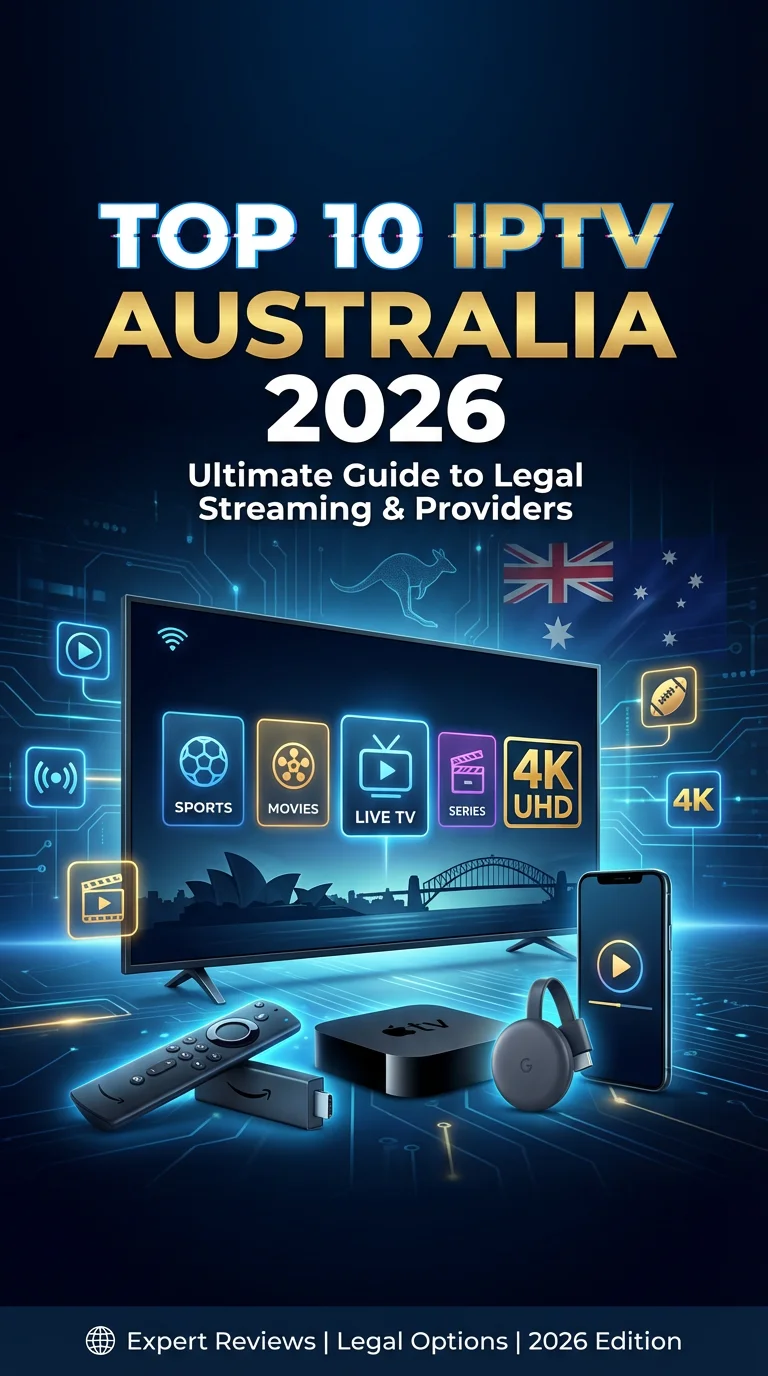Top 10 IPTV Australia 2026 guide showing best legal streaming and IPTV providers in Australia with Firestick compatibility and sports streaming options