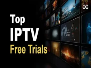 A promotional advertisement for IPTV services featuring a collage of TV show and movie thumbnails with bold text highlighting free trials.
