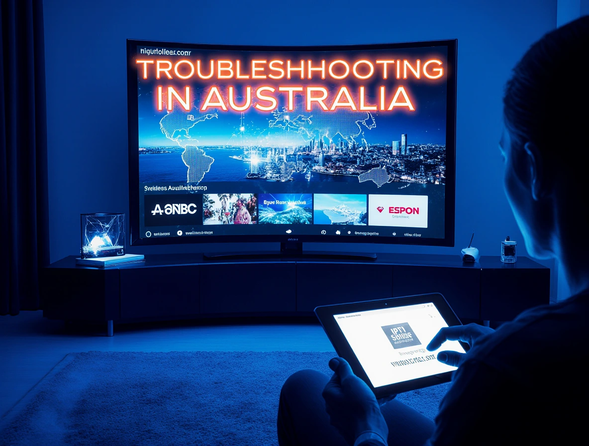 A futuristic Australian living room with a glowing 8K smart TV displaying an IPTV interface with global channels and a “Connection Error” alert. A person troubleshoots on a tablet, with a router and Fire Stick branded with iptvaussie.com. Bold text reads IPTV Troubleshooting in Australia on the screen, with “Fix Your Stream with IPTV Aussie” below. A Sydney skyline and holographic map of Australia form the background, lit by neon blues, purples, and oranges, with cinematic lens flares and a sci-fi aesthetic.