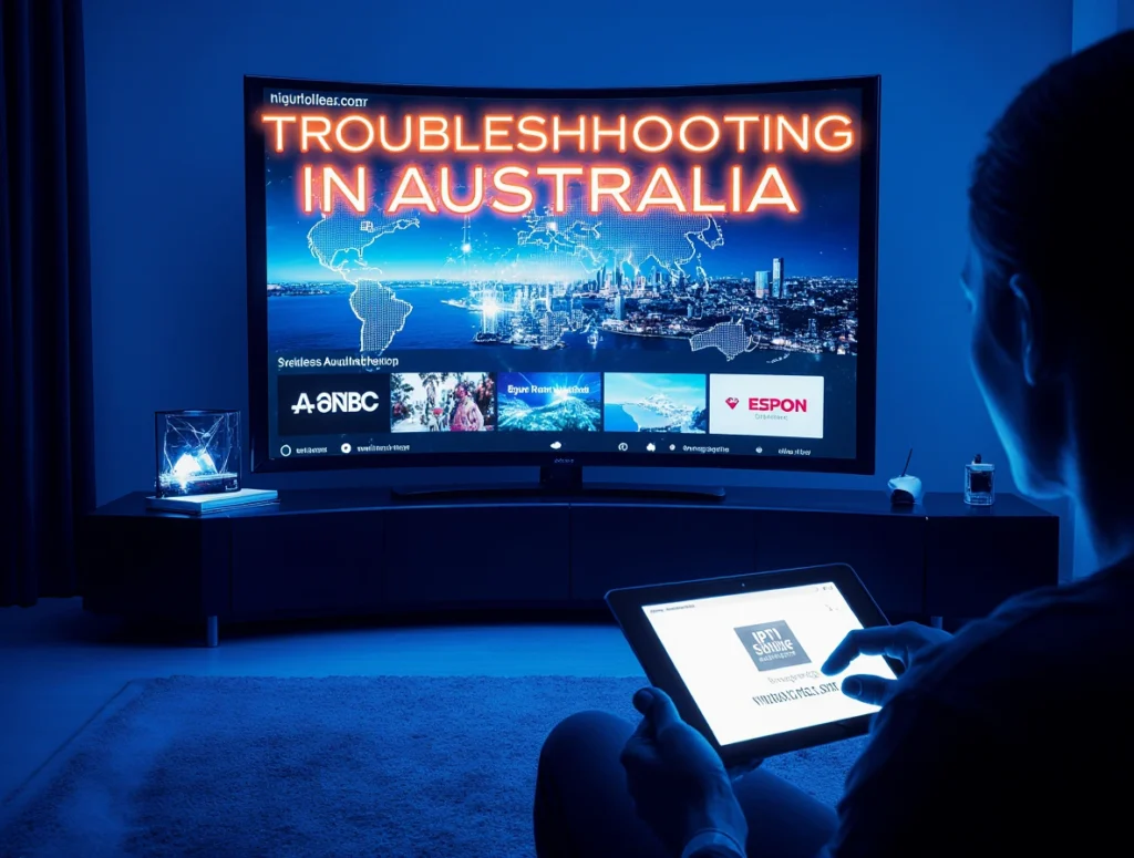 A futuristic Australian living room with a glowing 8K smart TV displaying an IPTV interface with global channels and a “Connection Error” alert. A person troubleshoots on a tablet, with a router and Fire Stick branded with iptvaussie.com. Bold text reads Troubleshooting IPTV in Australia on the screen, with “Fix Your Stream with IPTV Aussie” below. A Sydney skyline and holographic map of Australia form the background, lit by neon blues, purples, and oranges, with cinematic lens flares and a sci-fi aesthetic.