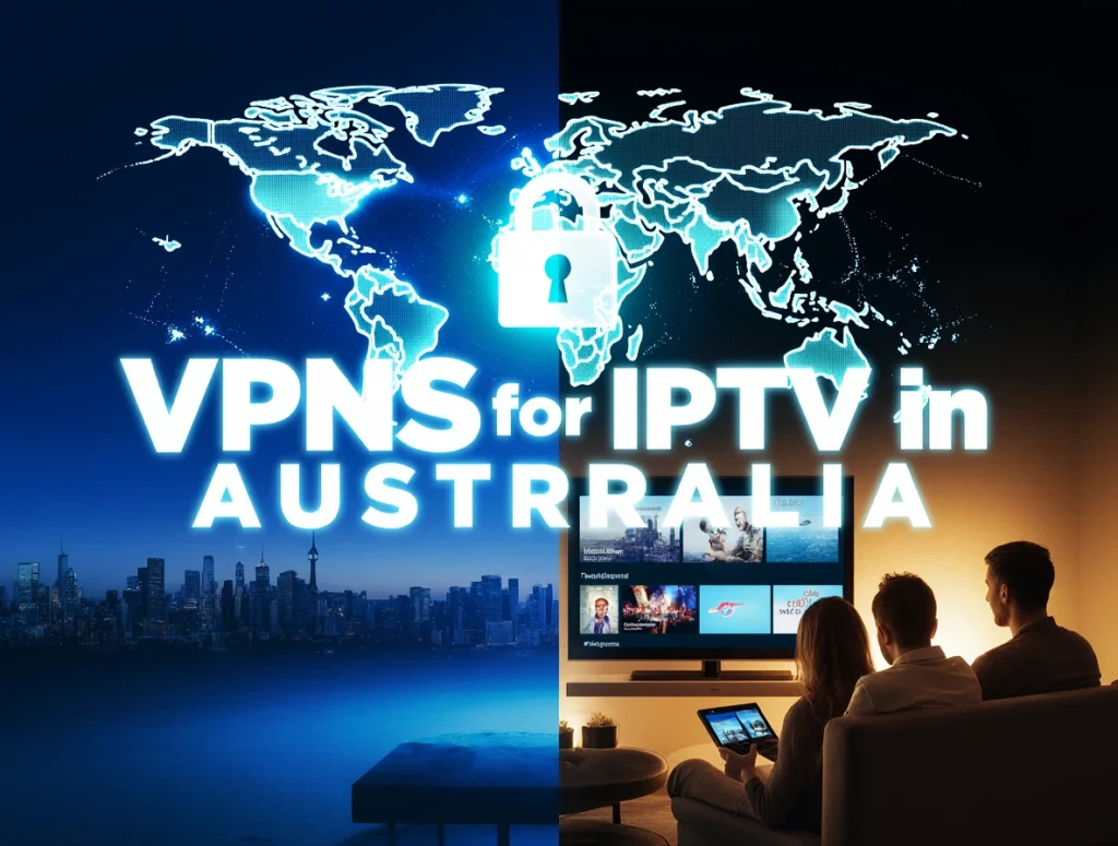 A cinematic image for VPNs for IPTV in Australia featuring a widescreen view: a high-tech room with a VPN dashboard and a cozy living room with a smart TV showing IPTV content. The bold text VPNs for IPTV in Australia glows in neon white with a cyan outline on a dark banner, set against a twilight Australian cityscape with a map silhouette.