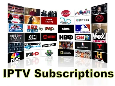 A digital display showing a grid of various television channel logos and program titles under the heading "IPTV Subscriptions.
