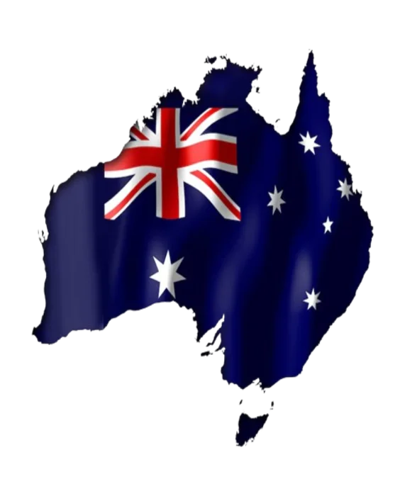 An image showing the outline of Australia filled with the Australian flag. The flag consists of the Union Jack in the top left corner and the Commonwealth Star below it, with the constellation of the Southern Cross on the right side.