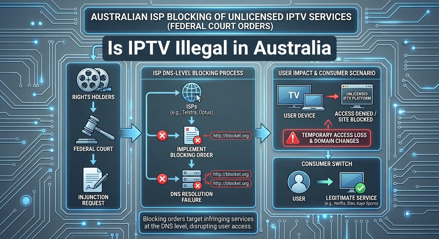 Diagram showing how Australian ISPs block access to unlicensed IPTV services following Federal Court orders