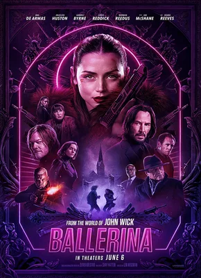 The movie poster for "Ballerina" (also known as "Leap!"), featuring a central female character in a ballet pose surrounded by other characters, with a vibrant, magical, and somewhat dark aesthetic.