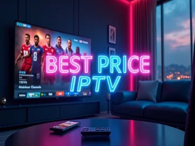 BEST PRICE” banner promoting IPTV subscription with neon-style text on a dark background.