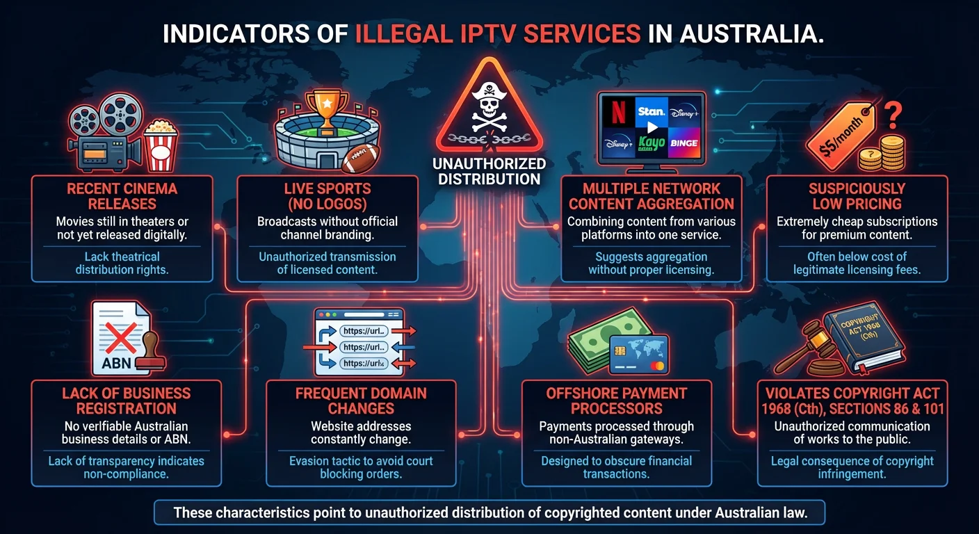 Infographic showing warning signs of illegal IPTV services in Australia, highlighting copyright violations and unauthorized content distribution