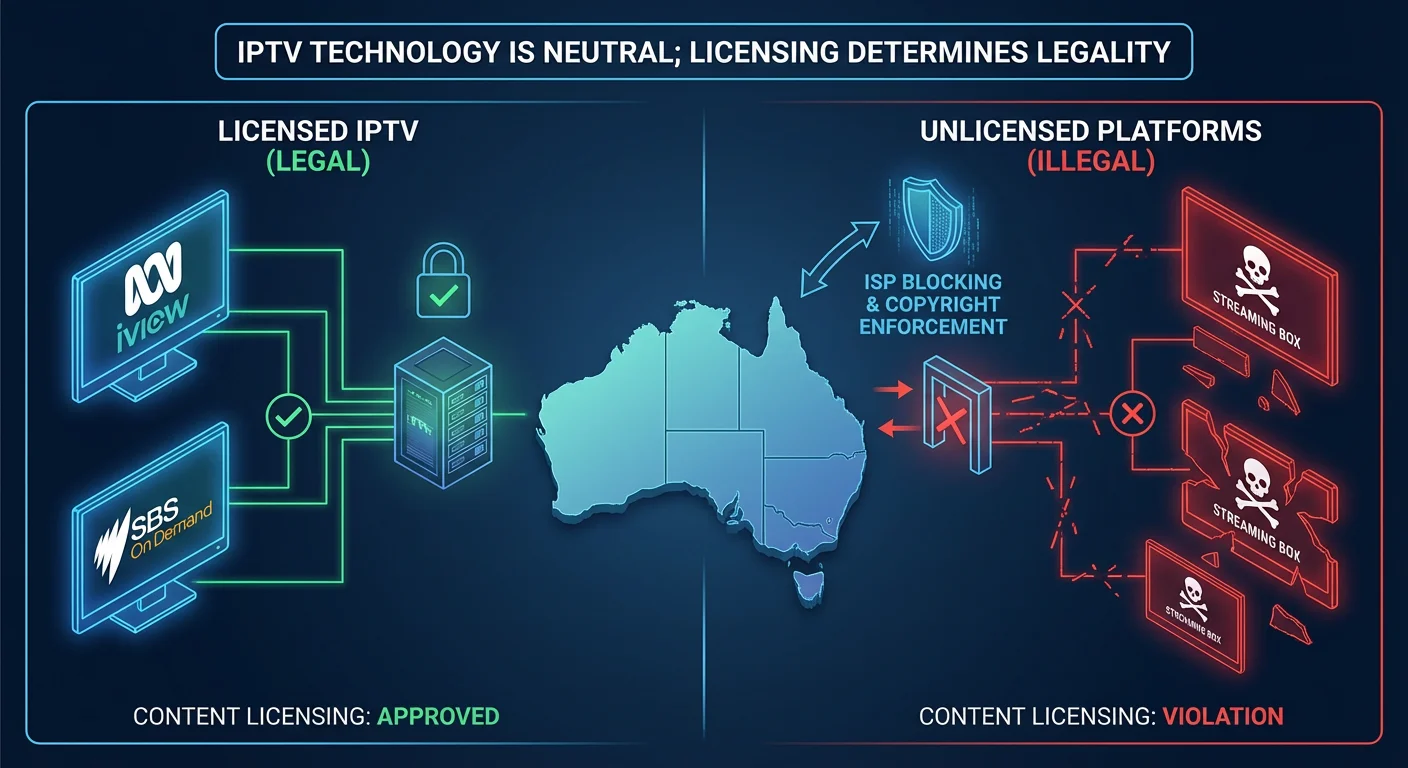 Diagram showing the legality of IPTV in Australia, comparing licensed streaming platforms and unlicensed services