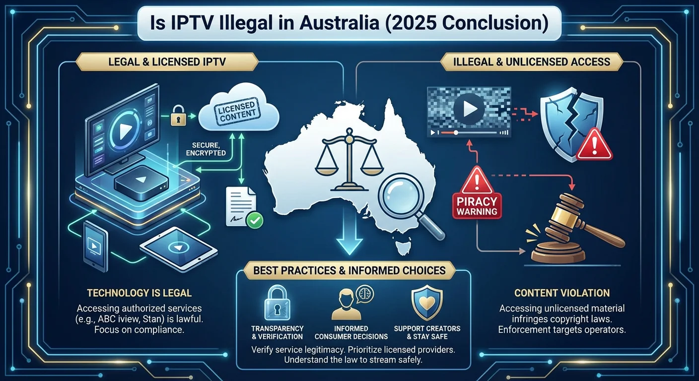 Graphic illustrating legal IPTV streaming in Australia with licensed services and copyright compliance