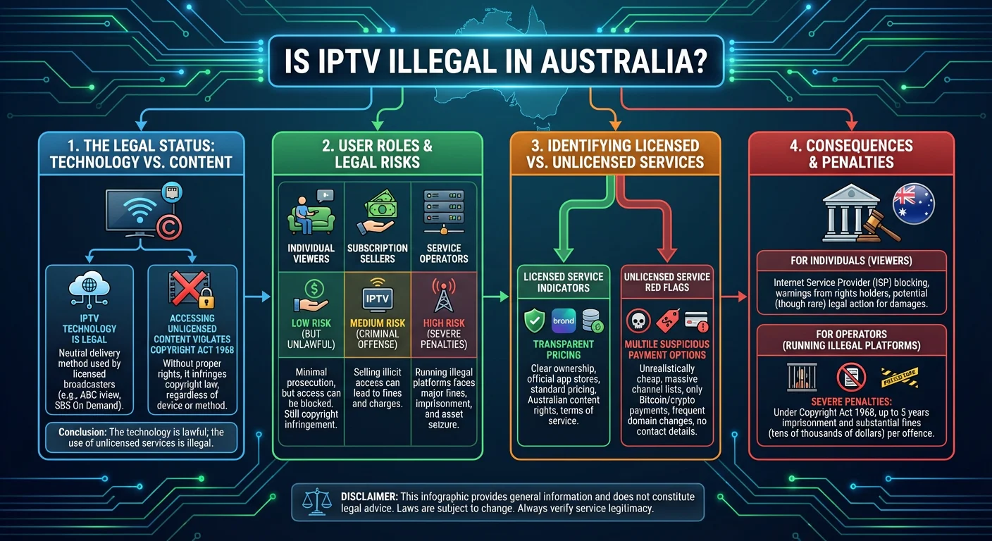 Infographic showing Australian IPTV legality FAQ, including licensed vs unlicensed services and legal penalties