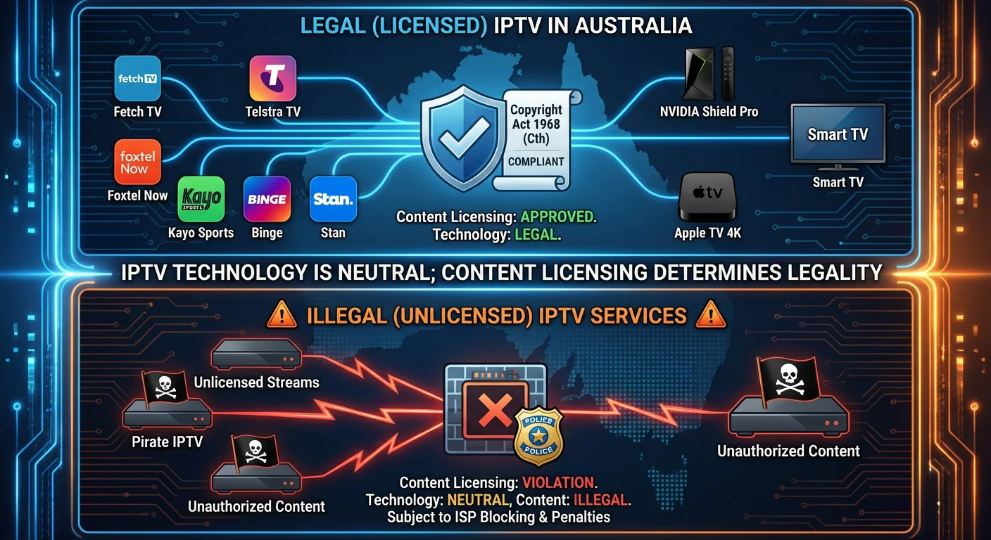 Illustration showing the legality of IPTV in Australia, highlighting licensed platforms and unlicensed streaming services
