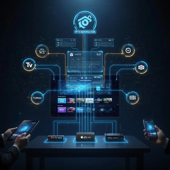 IPTV setup on Smart TV, Fire TV Stick, Apple TV, MAG box, smartphone, and tablet.