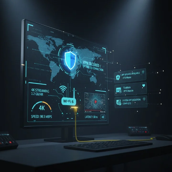 Optimizing IPTV performance with VPN, router, Ethernet, data monitoring, and app updates.