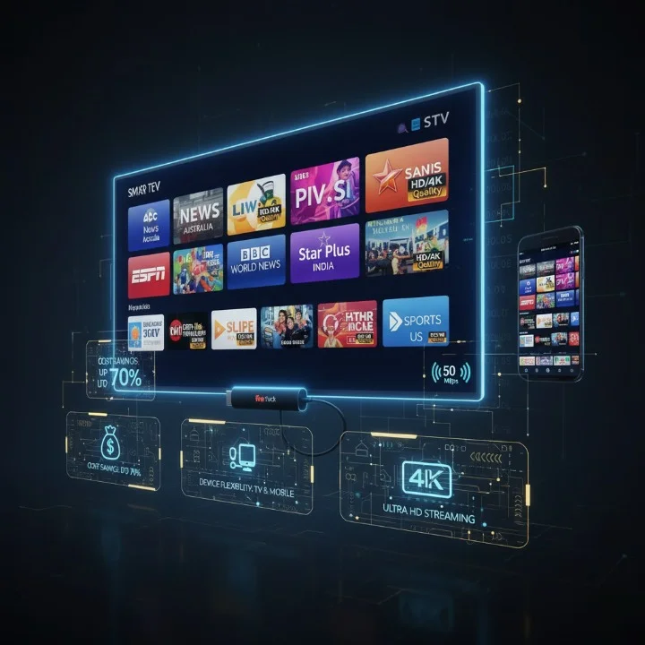 Cinematic illustration of IPTV streaming on multiple devices showing global channels, cost savings, device freedom, and 4K quality.