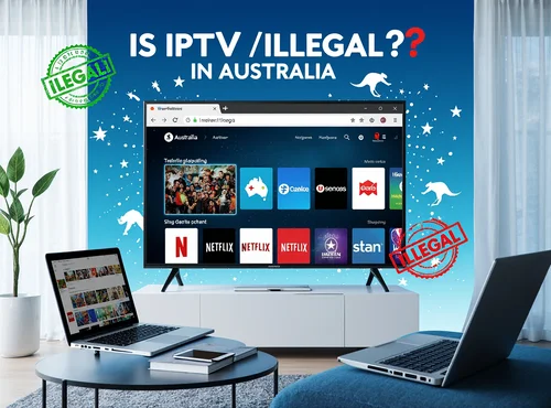 Questionable legality of IPTV in Australia depicted with "ILLEGAL" stamps on a scene showing a TV streaming service and laptops.