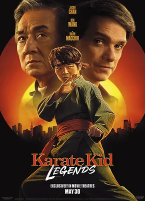 Movie poster for "Karate Kid Legends" featuring a young martial artist in a fighting stance with a fiery, dramatic background.