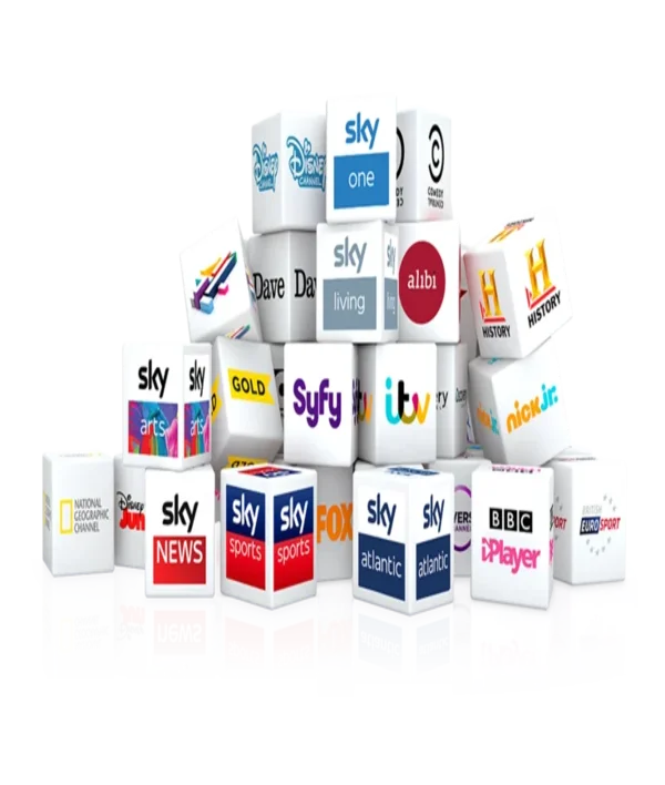 A collage or stack of various television channel logos, prominently featuring several "Sky" branded channels (Sky One, Sky Sports, Sky News) along with others like Disney Channel, Syfy, and more, against a light background.