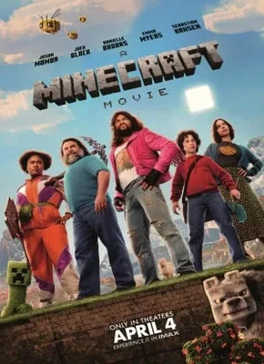 Movie poster for "Minecraft" featuring a group of diverse characters in a blocky, adventurous landscape, with a large 'M' in the background.