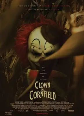 Movie poster for "Clown Cornfield" featuring a menacing clown's face in shadow, with glowing red eyes, against a dark, possibly cornfield, background.