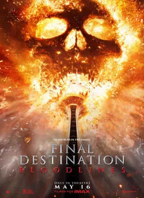 Movie poster for "Final Destination" depicting a glowing, ominous light and swirling debris over a highway, with the title "FINAL DESTINATION" at the bottom.