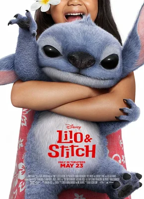 Movie poster for "Lilo & Stitch" featuring the blue alien Stitch dressed in a Hawaiian outfit, sitting on a beach, with the movie title below.