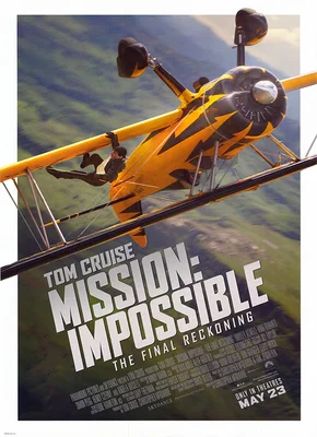 Movie poster for "Mission Impossible" showing Tom Cruise hanging from an airplane in mid-air, with the title "MISSION IMPOSSIBLE" below.