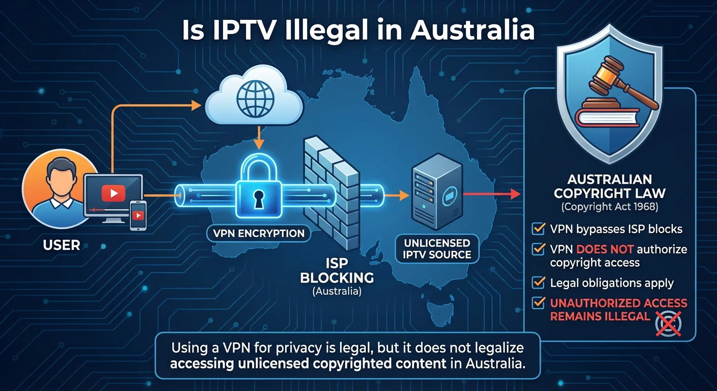 Illustration showing a VPN connection and IPTV streaming in Australia, highlighting that VPNs do not make unlicensed content legal