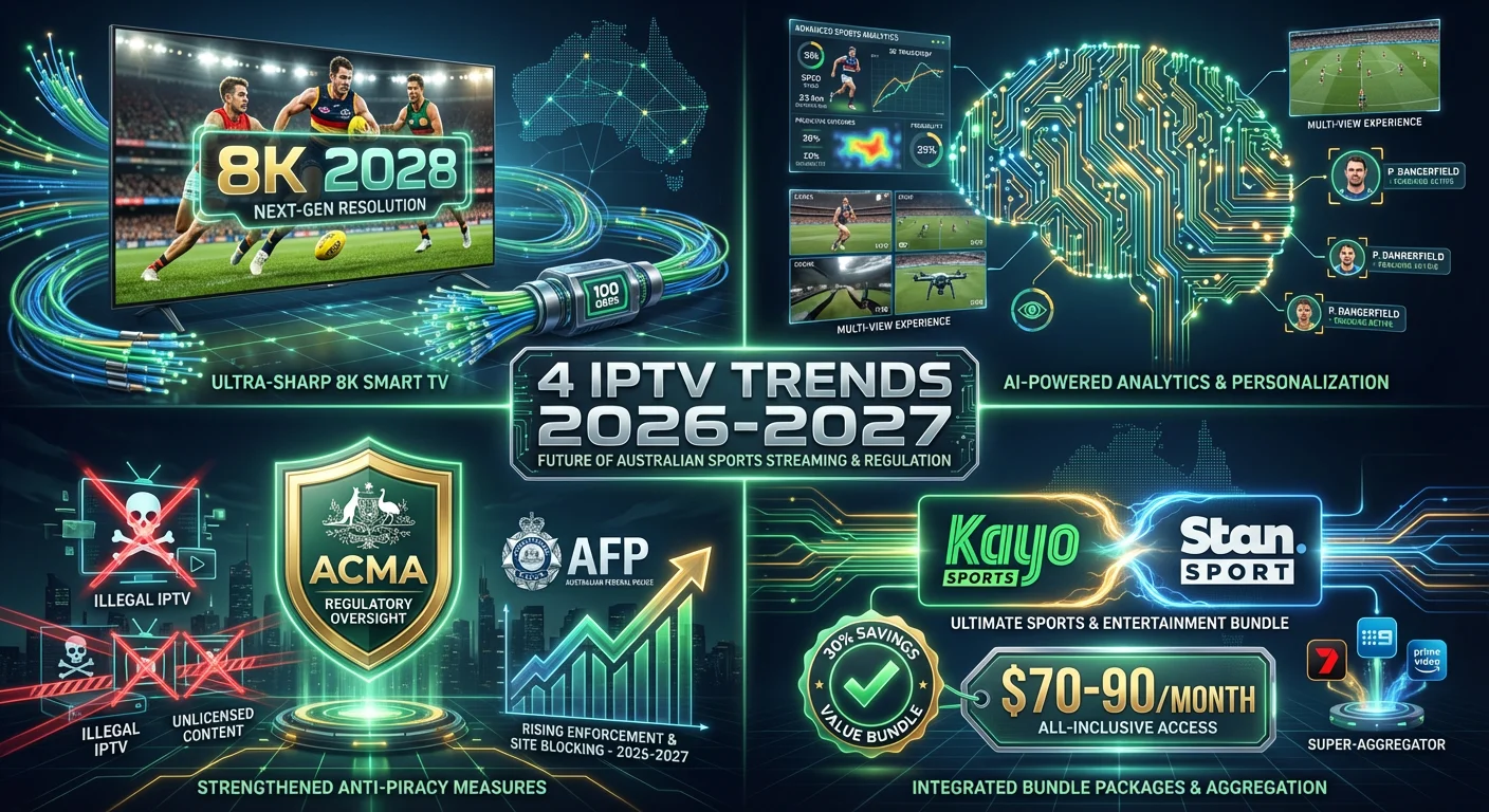 4 major IPTV trends shaping Australian sports streaming 2026-2027: 8K sports by 2028, AI-powered personalization, increased ACMA piracy enforcement, and sports bundle packages for cost savings