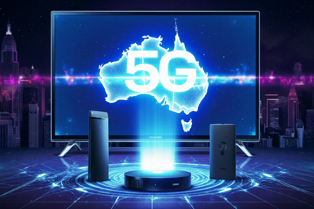 Android TV, MAG Box, Smart TV, Fire Stick, Apple TV in futuristic setup for 5G and IPTV in Australia via IPTVAUSSIE.COM.