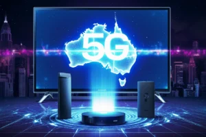Android TV, MAG Box, Smart TV, Fire Stick, Apple TV in futuristic setup for 5G and IPTV in Australia via IPTVAUSSIE.COM.
