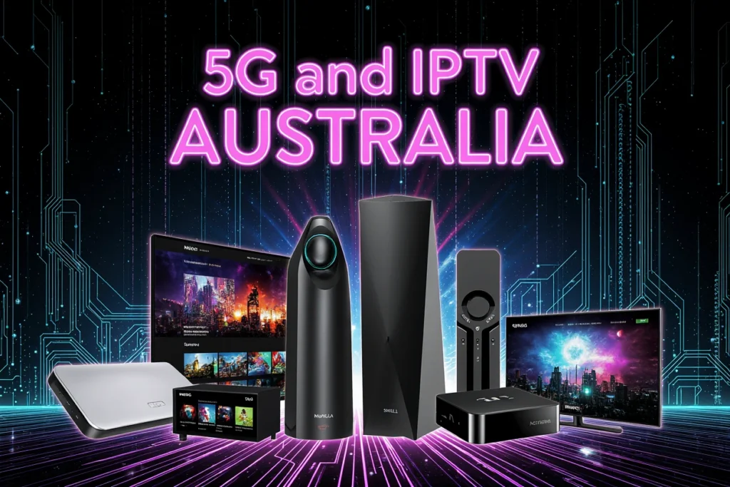 A futuristic close-up pulses with 5G and IPTV in Australia: the Android TV Box glows with promise, MAG 540w3 stands sleek in black, Samsung Smart TV beams a vibrant 4K interface, Amazon Fire TV Stick 4K Max shines compactly, and Apple TV 4K exudes premium finesse. Set against a neon-lit backdrop, their LEDs signal readiness for IPTVAUSSIE.COM’s 20,000+ channels. A bold overlay declares 5G and IPTV in Australia, heralding a new era of blazing-fast streaming.
