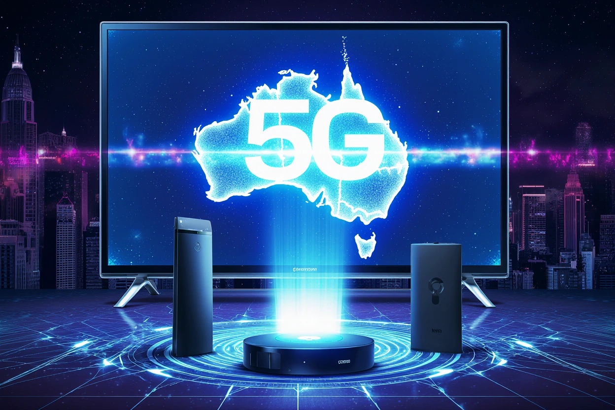 Android TV, MAG Box, Smart TV, Fire Stick, Apple TV in futuristic setup for 5G and IPTV in Australia via IPTVAUSSIE.COM.