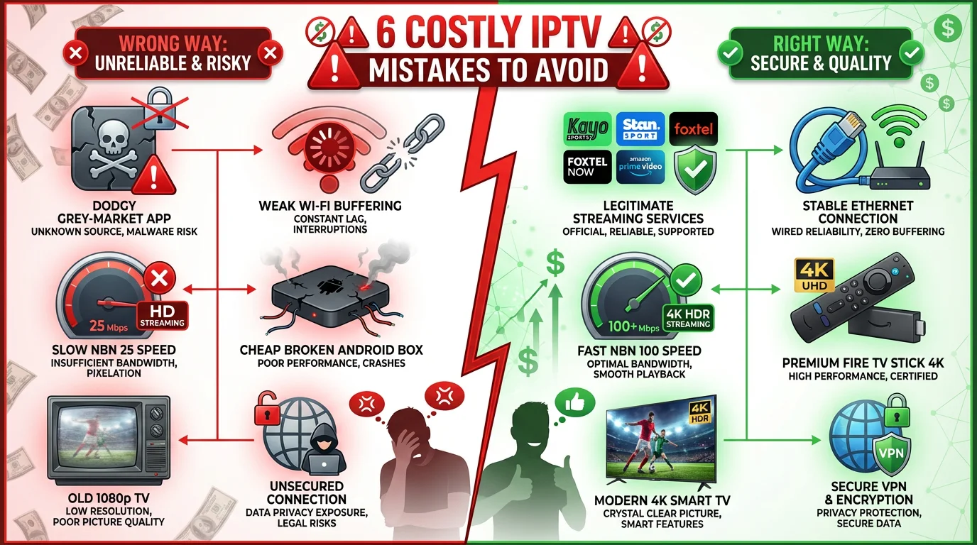 6 common IPTV mistakes Australian sports fans make - grey-market services, WiFi vs ethernet, NBN 25 limitations, cheap Android boxes, poor testing, and TV capability issues illustrated